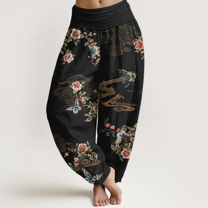 Buddha Stones Damen-Haremshose aus reiner Baumwolle mit floralem Schmetterlingsmuster und elastischem Bund - Schwarz - US16, UK/AU20, EU48 (3XL) - image 0