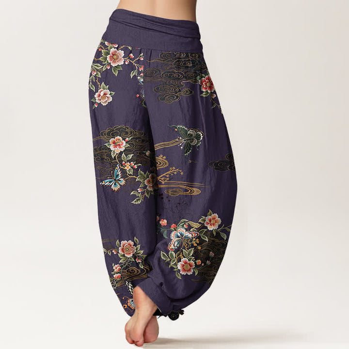 Buddha Stones Damen-Haremshose aus reiner Baumwolle mit floralem Schmetterlingsmuster und elastischem Bund - image 9