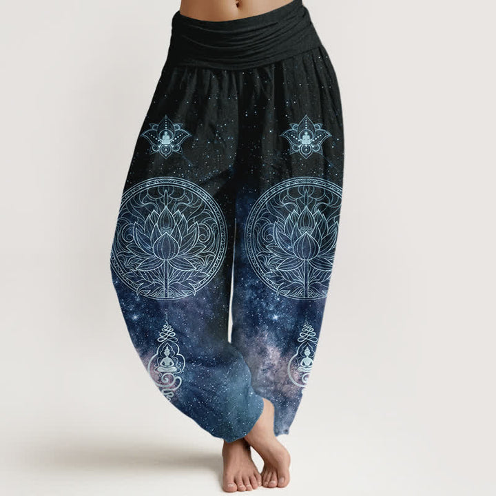 Buddha Stones Baumwoll-Haremshose mit himmlischem Lotus-Mandala-Muster und elastischem Bund für Damen - Mitternachtsblau - US16, UK/AU20, EU48 (3XL) - image 0