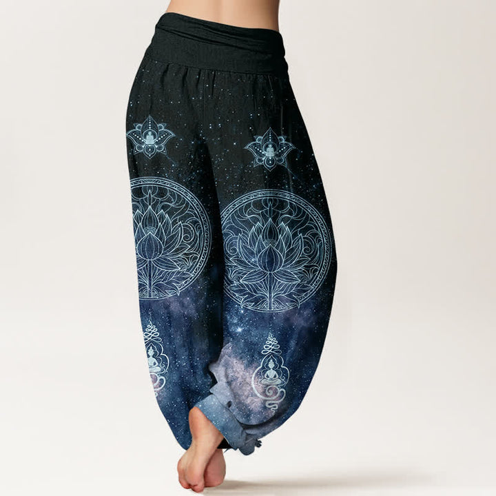 Buddha Stones Baumwoll-Haremshose mit himmlischem Lotus-Mandala-Muster und elastischem Bund für Damen - image 1