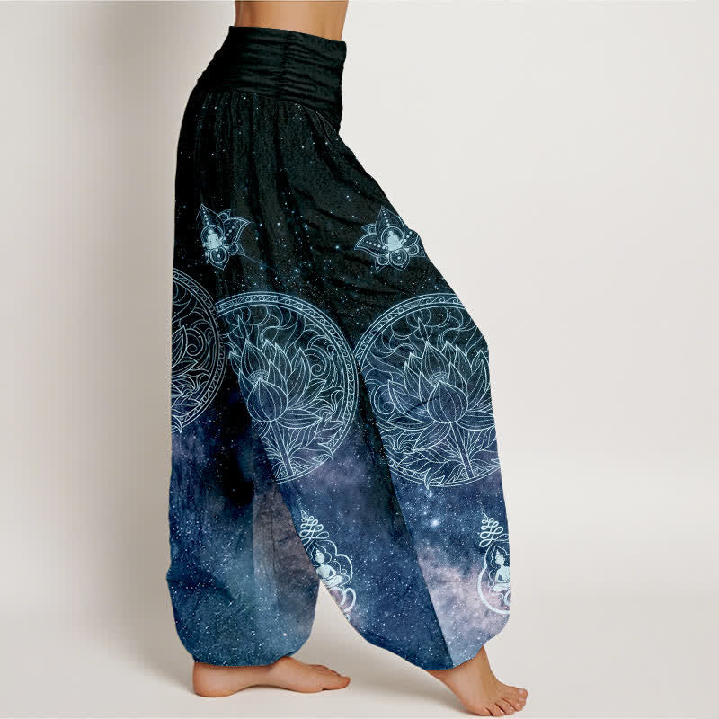 Buddha Stones Baumwoll-Haremshose mit himmlischem Lotus-Mandala-Muster und elastischem Bund für Damen - image 2