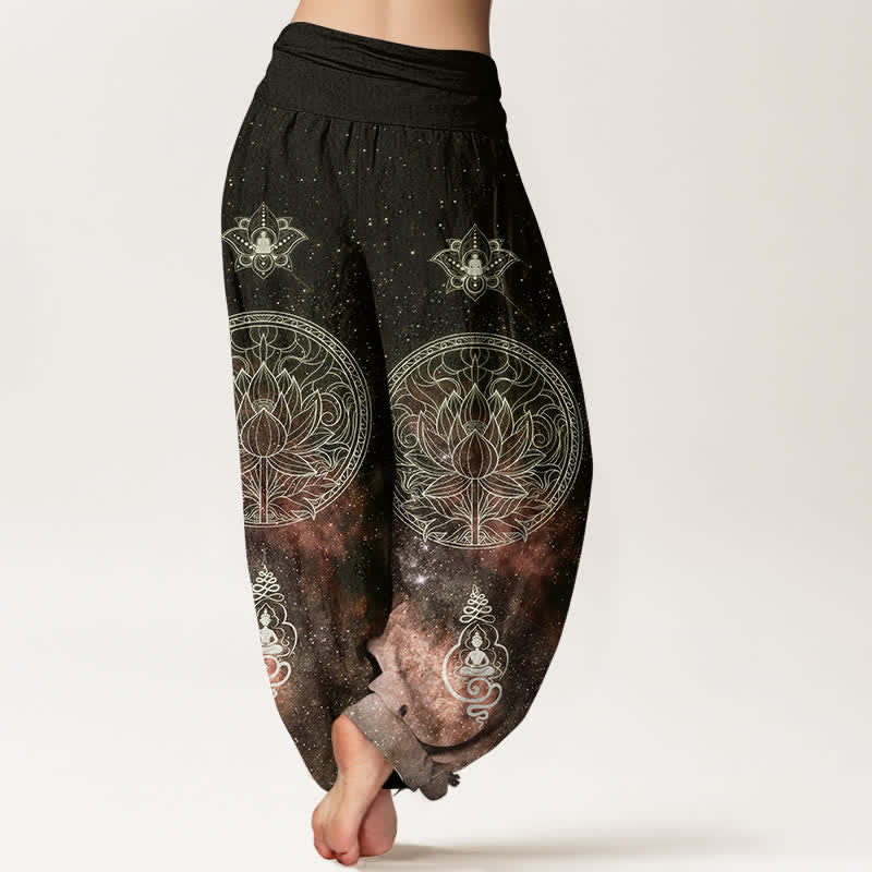Buddha Stones Baumwoll-Haremshose mit himmlischem Lotus-Mandala-Muster und elastischem Bund für Damen - image 9