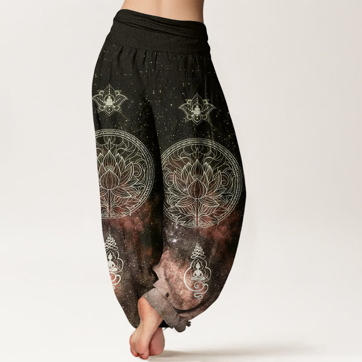 Buddha Stones Baumwoll-Haremshose mit himmlischem Lotus-Mandala-Muster und elastischem Bund für Damen - image 9