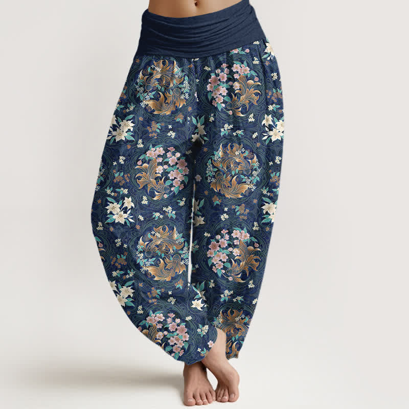 Buddha Stones Damen-Haremshose aus reiner Baumwolle mit floralem Medaillonmuster und elastischem Bund - Marine - US16, UK/AU20, EU48 (3XL) - image 0