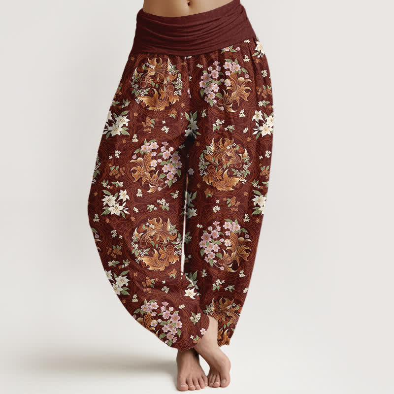 Buddha Stones Damen-Haremshose aus reiner Baumwolle mit floralem Medaillonmuster und elastischem Bund - Kastanienbraun - US16, UK/AU20, EU48 (3XL) - image 5
