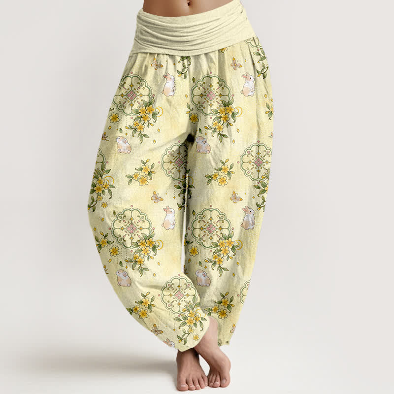 Buddha Stones Damen-Haremshose aus reiner Baumwolle mit floralem Ranken- und Hasenmuster sowie elastischem Bund - Zitronen-Chiffon - US16, UK/AU20, EU48 (3XL) - image 0
