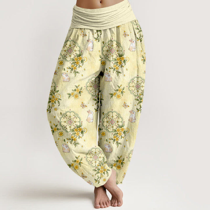 Buddha Stones Damen-Haremshose aus reiner Baumwolle mit floralem Ranken- und Hasenmuster sowie elastischem Bund - Zitronen-Chiffon - US16, UK/AU20, EU48 (3XL) - image 0