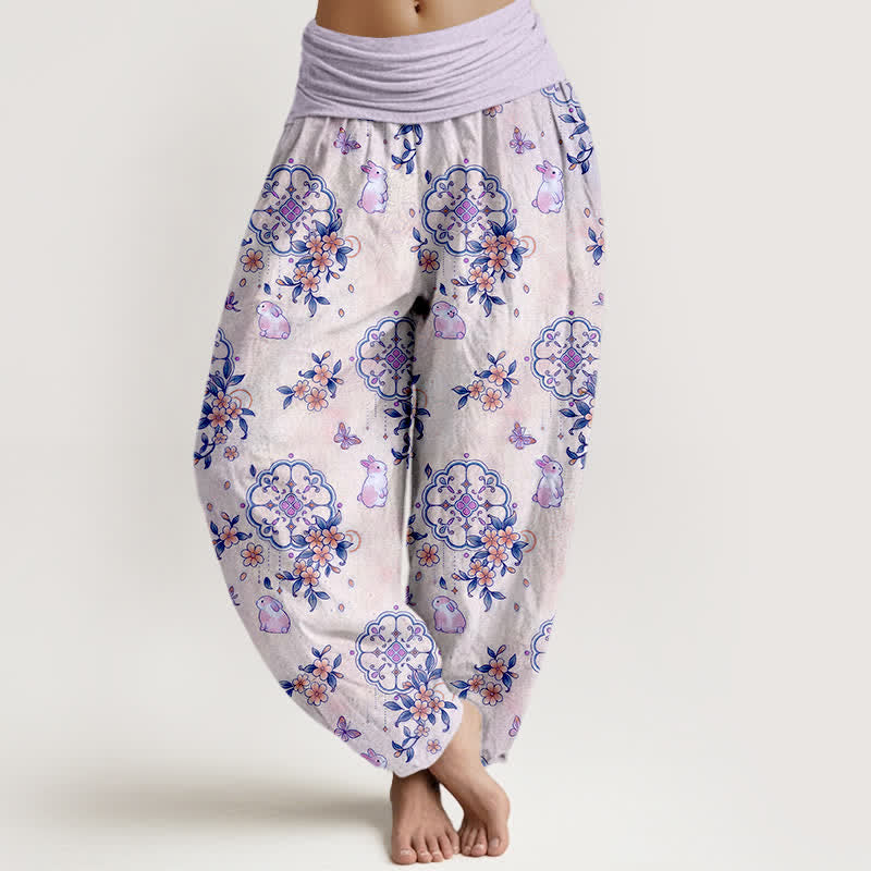 Buddha Stones Damen-Haremshose aus reiner Baumwolle mit floralem Ranken- und Hasenmuster sowie elastischem Bund - Lavendel - US16, UK/AU20, EU48 (3XL) - image 5