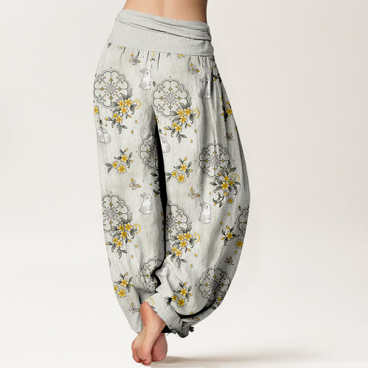 Buddha Stones Damen-Haremshose aus reiner Baumwolle mit floralem Ranken- und Hasenmuster sowie elastischem Bund - image 9