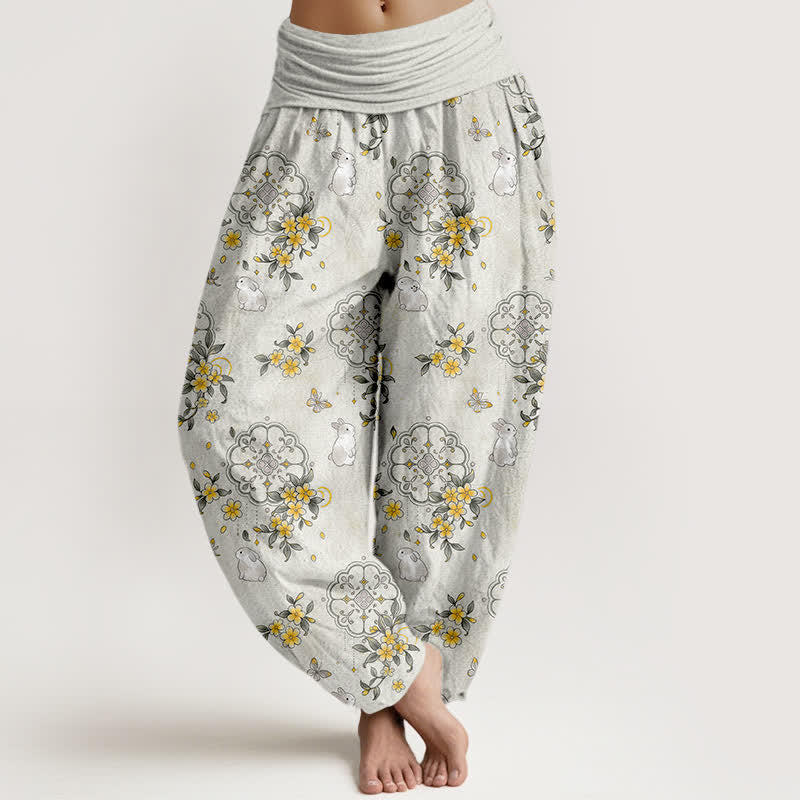 Buddha Stones Damen-Haremshose aus reiner Baumwolle mit floralem Ranken- und Hasenmuster sowie elastischem Bund - Hellgrau - US16, UK/AU20, EU48 (3XL) - image 8