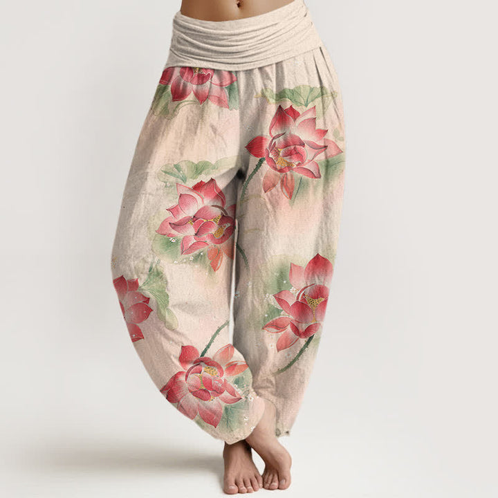 Buddha Stones Haremshose aus Baumwolle mit Lotusblütenmuster und elastischem Bund für Damen - Leinen - US16, UK/AU20, EU48 (3XL) - image 0
