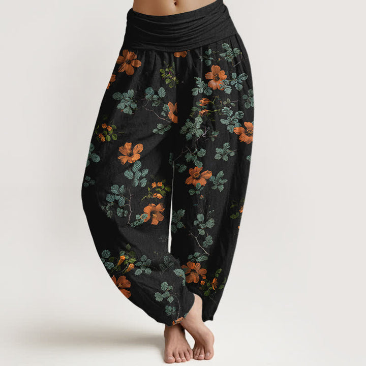 Buddha Stones Baumwoll-Haremshose mit orangefarbenem Blumen- und Blättermuster, elastischer Bund, Damen - Schwarz - US16, UK/AU20, EU48 (3XL) - image 0