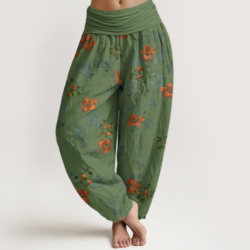 Buddha Stones Baumwoll-Haremshose mit orangefarbenem Blumen- und Blättermuster, elastischer Bund, Damen - Dunkelmeergrün - US16, UK/AU20, EU48 (3XL) - image 8