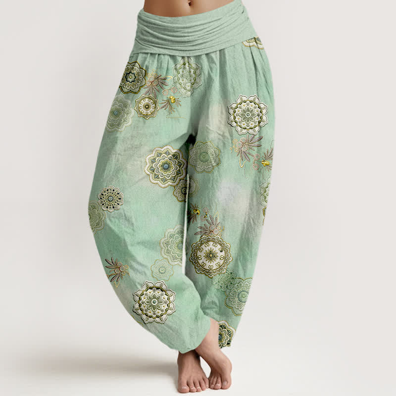 Buddha Stones Haremshose aus reiner Baumwolle mit Mandala-Blumenmuster und elastischem Bund für Damen - Mittelfrühes Grün - US16, UK/AU20, EU48 (3XL) - image 0