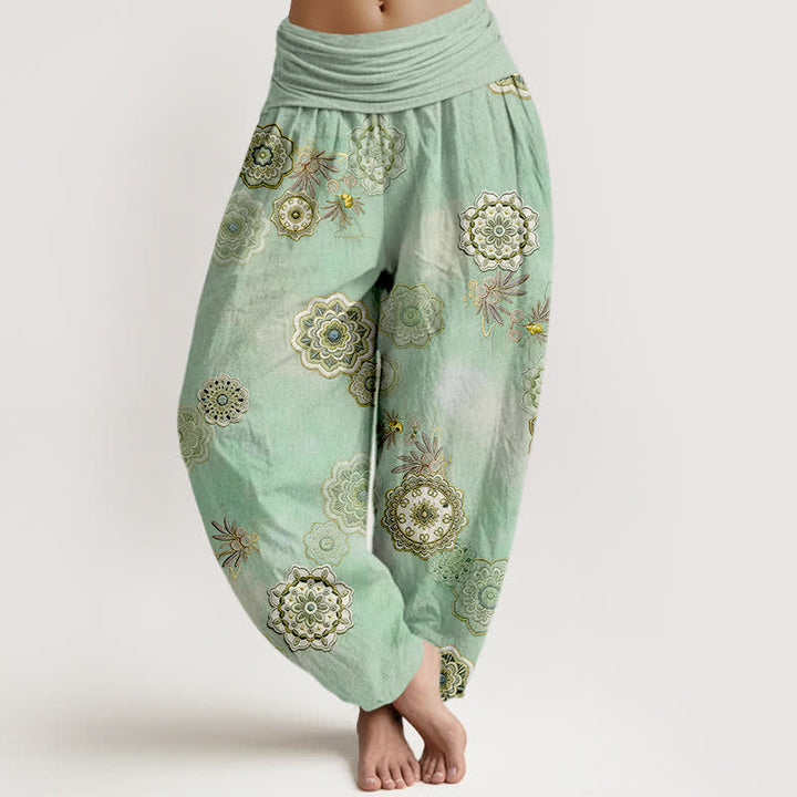 Buddha Stones Haremshose aus reiner Baumwolle mit Mandala-Blumenmuster und elastischem Bund für Damen - Mittelfrühes Grün - US16, UK/AU20, EU48 (3XL) - image 0