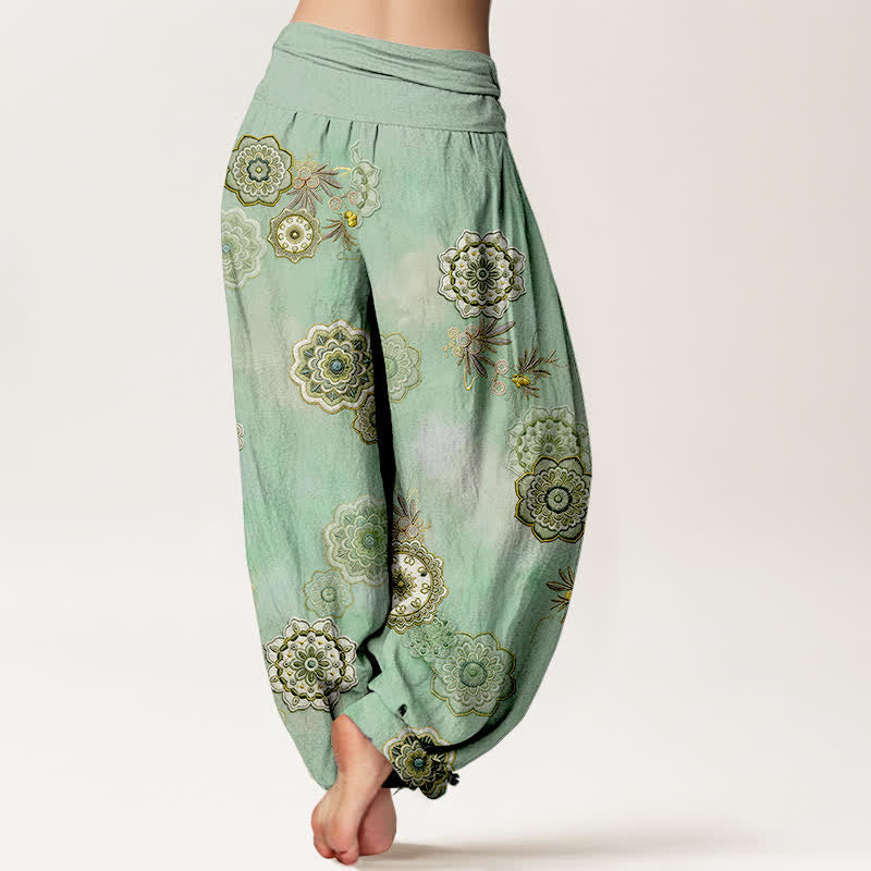 Buddha Stones Haremshose aus reiner Baumwolle mit Mandala-Blumenmuster und elastischem Bund für Damen - image 1
