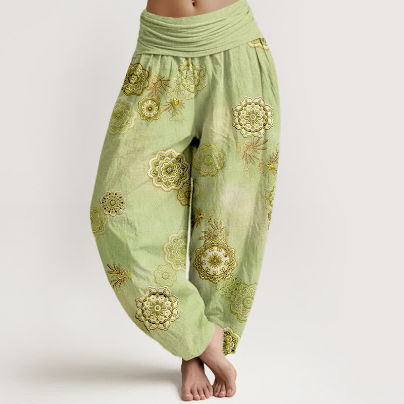 Buddha Stones Haremshose aus reiner Baumwolle mit Mandala-Blumenmuster und elastischem Bund für Damen - GrünGelb - US16, UK/AU20, EU48 (3XL) - image 5