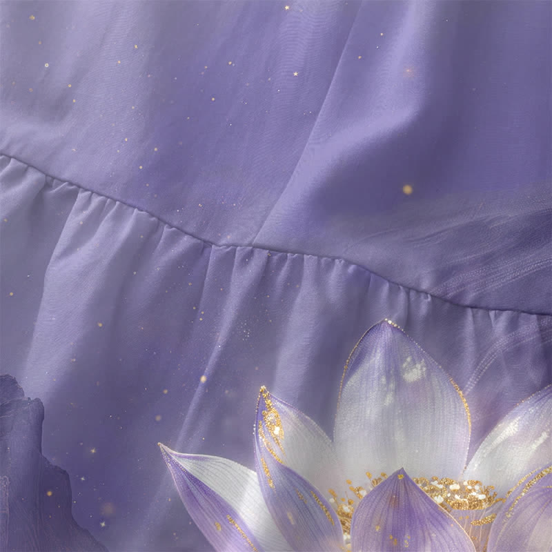 Buddha Stones Lässiges Sommerkleid für Damen mit Lotus- und Buddha-Motiv, goldenen Akzenten, ärmellos und mit Taschen - image 1