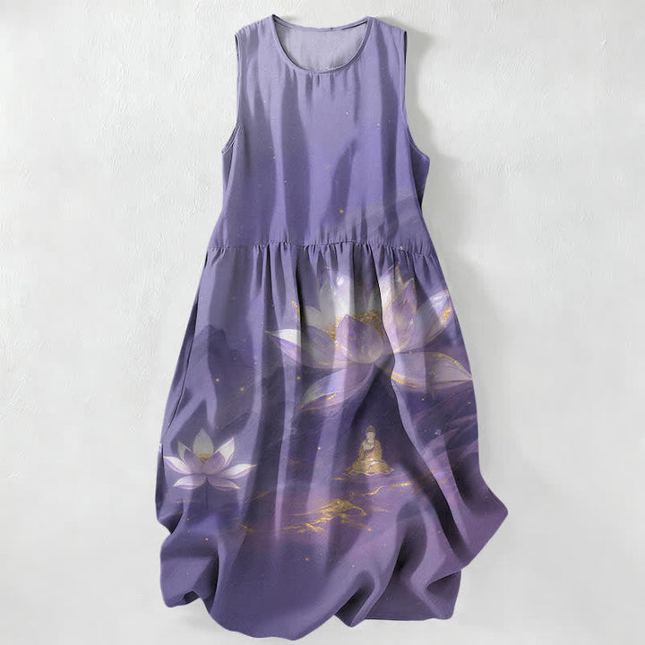 Buddha Stones Lässiges Sommerkleid für Damen mit Lotus- und Buddha-Motiv, goldenen Akzenten, ärmellos und mit Taschen - Mittelviolett - US16, UK/AU20, EU48 (3XL) - image 0