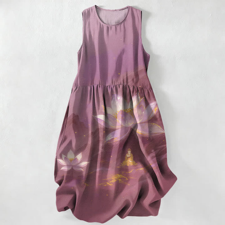 Buddha Stones Lässiges Sommerkleid für Damen mit Lotus- und Buddha-Motiv, goldenen Akzenten, ärmellos und mit Taschen - Pflaume - US16, UK/AU20, EU48 (3XL) - image 4
