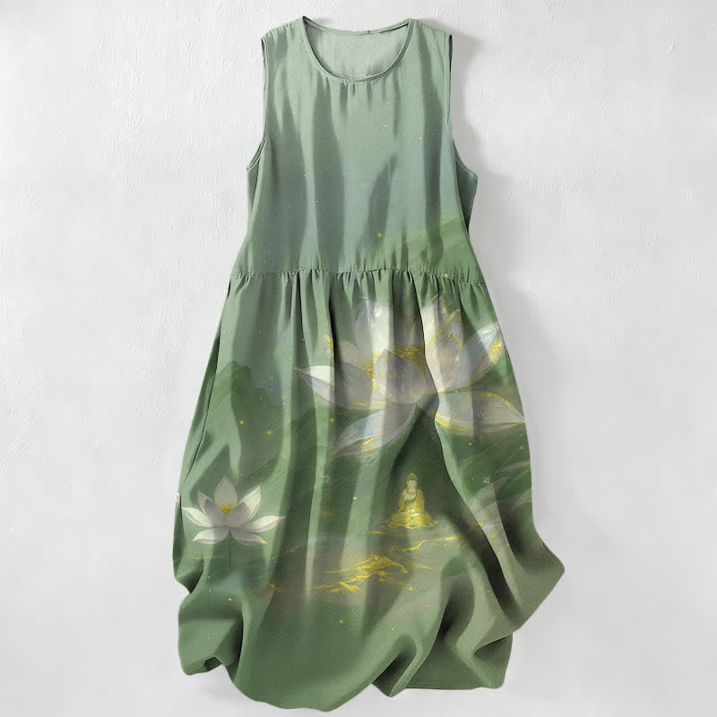 Buddha Stones Lässiges Sommerkleid für Damen mit Lotus- und Buddha-Motiv, goldenen Akzenten, ärmellos und mit Taschen - Dunkelmeergrün - US16, UK/AU20, EU48 (3XL) - image 5