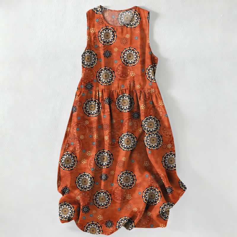 Buddha Stones Lässiges Sommerkleid im Boho-Stil mit Mandala-Medaillonmuster, ärmellos, Midi-Länge und Taschen - Dunkelorange - US16, UK/AU20, EU48 (3XL) - image 0