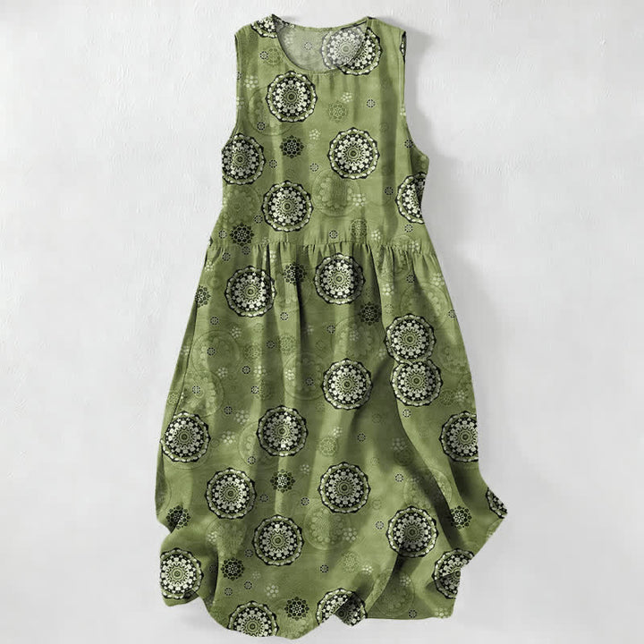Buddha Stones Lässiges Sommerkleid im Boho-Stil mit Mandala-Medaillonmuster, ärmellos, Midi-Länge und Taschen - Olivgrün - US16, UK/AU20, EU48 (3XL) - image 4