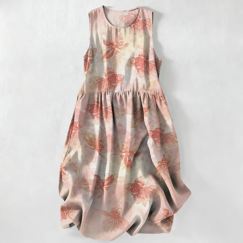 Buddha Stones Lässiges, ärmelloses Midikleid für Damen mit Goldfisch- und Koi-Muster und Taschen - MistyRose - US16, UK/AU20, EU48 (3XL) - image 0