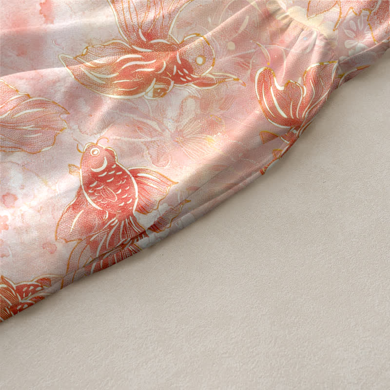 Buddha Stones Lässiges, ärmelloses Midikleid für Damen mit Goldfisch- und Koi-Muster und Taschen - image 2