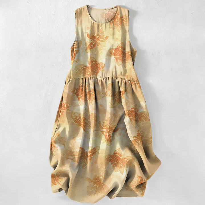 Buddha Stones Lässiges, ärmelloses Midikleid für Damen mit Goldfisch- und Koi-Muster und Taschen - Weizen - US16, UK/AU20, EU48 (3XL) - image 4