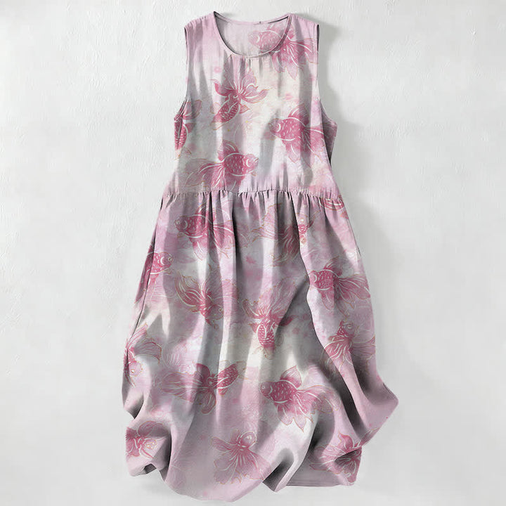 Buddha Stones Lässiges, ärmelloses Midikleid für Damen mit Goldfisch- und Koi-Muster und Taschen - Lavendel-Rouge - US16, UK/AU20, EU48 (3XL) - image 5