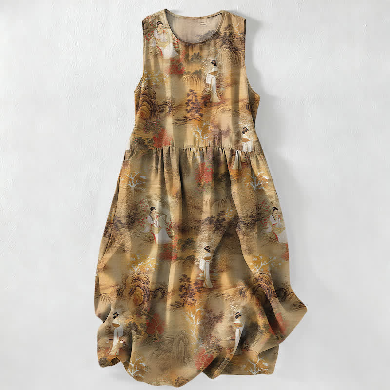 Buddha Stones Lässiges, orientalisches Sommerkleid für Damen mit Landschaftsmuster, ärmellos, Midi-Länge und Taschen - Bräunen - US16, UK/AU20, EU48 (3XL) - image 0