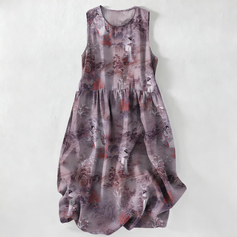 Buddha Stones Lässiges, orientalisches Sommerkleid für Damen mit Landschaftsmuster, ärmellos, Midi-Länge und Taschen - Distel - US16, UK/AU20, EU48 (3XL) - image 4