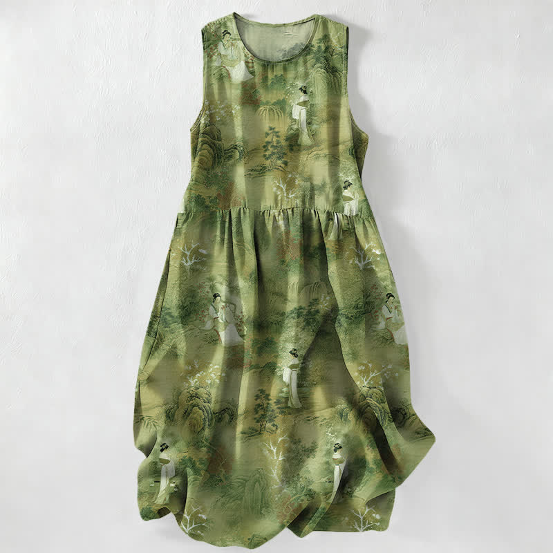Buddha Stones Lässiges, orientalisches Sommerkleid für Damen mit Landschaftsmuster, ärmellos, Midi-Länge und Taschen - Olivgrün - US16, UK/AU20, EU48 (3XL) - image 5