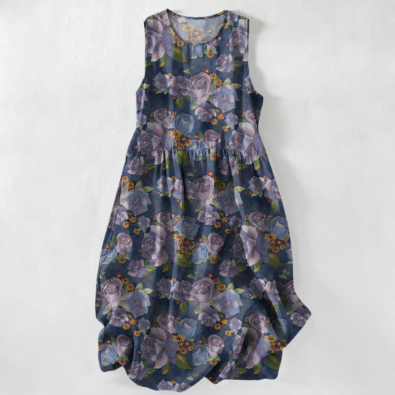 Buddha Stones Lässiges, sommerliches Damen-Midikleid mit Vintage-Rosenmuster, ärmellos und mit Taschen - Marine - US16, UK/AU20, EU48 (3XL) - image 0
