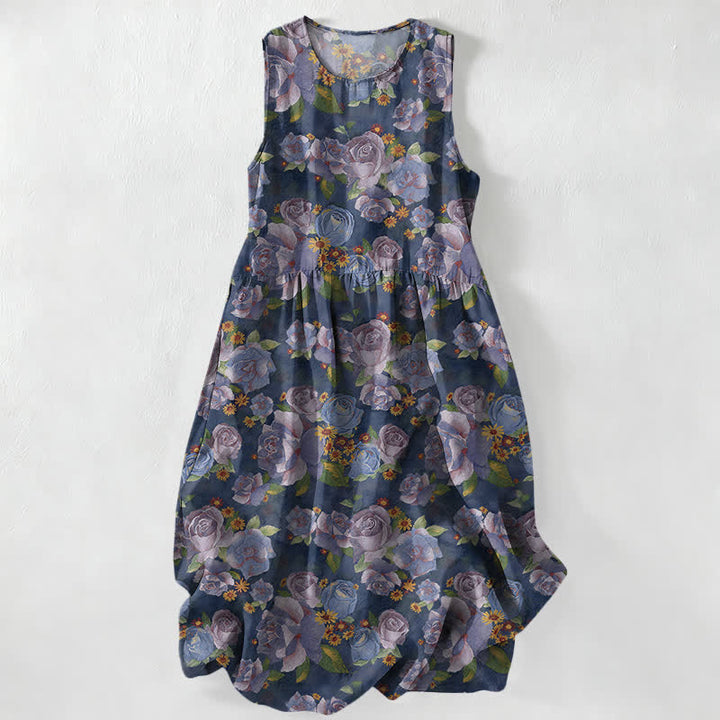 Buddha Stones Lässiges, sommerliches Damen-Midikleid mit Vintage-Rosenmuster, ärmellos und mit Taschen - Marine - US16, UK/AU20, EU48 (3XL) - image 0