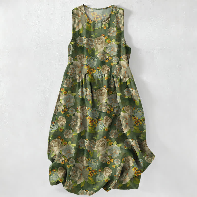 Buddha Stones Lässiges, sommerliches Damen-Midikleid mit Vintage-Rosenmuster, ärmellos und mit Taschen - Olive - US16, UK/AU20, EU48 (3XL) - image 4