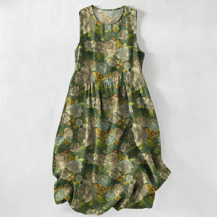 Buddha Stones Lässiges, sommerliches Damen-Midikleid mit Vintage-Rosenmuster, ärmellos und mit Taschen - Olive - US16, UK/AU20, EU48 (3XL) - image 4