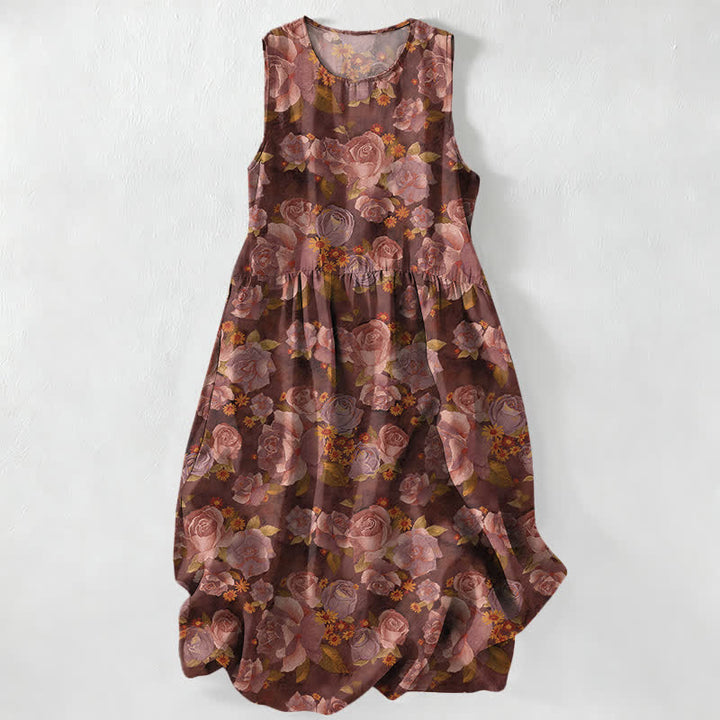 Buddha Stones Lässiges, sommerliches Damen-Midikleid mit Vintage-Rosenmuster, ärmellos und mit Taschen - Sienna - US16, UK/AU20, EU48 (3XL) - image 5