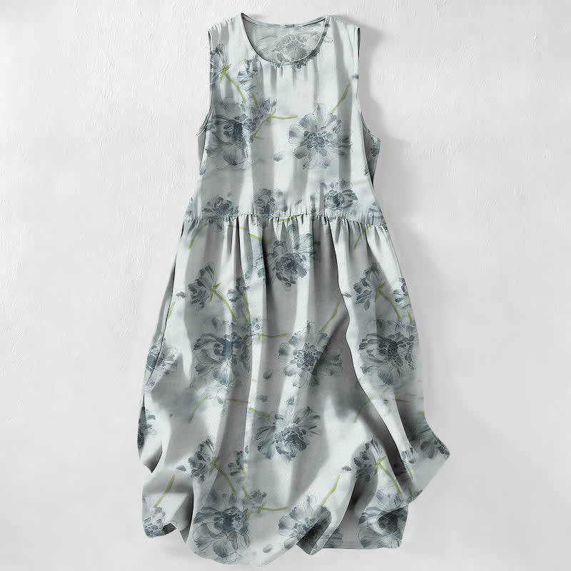 Buddha Stones Lässiges, ärmelloses Midikleid für Damen mit floralem Muster und Taschen - Hellblau - US16, UK/AU20, EU48 (3XL) - image 0
