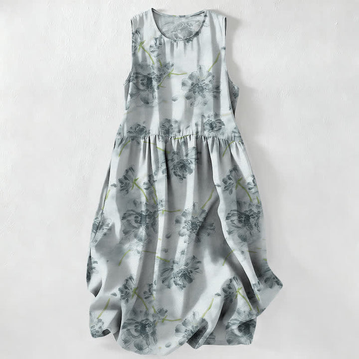 Buddha Stones Lässiges, ärmelloses Midikleid für Damen mit floralem Muster und Taschen - Hellblau - US16, UK/AU20, EU48 (3XL) - image 0