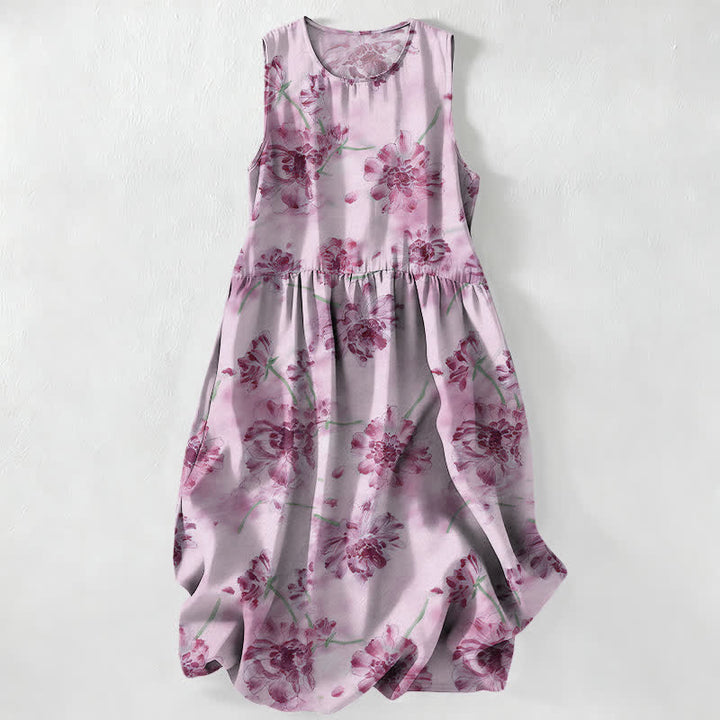 Buddha Stones Lässiges, ärmelloses Midikleid für Damen mit floralem Muster und Taschen - Pflaume - US16, UK/AU20, EU48 (3XL) - image 4