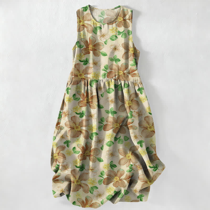 Buddha Stones Sommerliches, lässiges, ärmelloses Midikleid für Damen mit großem Blütenblattmuster und Taschen - Beige - US16, UK/AU20, EU48 (3XL) - image 5