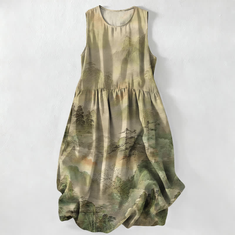 Buddha Stones Lässiges, sommerliches, ärmelloses Midikleid mit Taschen und Tintenmuster im Landschaftsstil für Damen - Khaki - US16, UK/AU20, EU48 (3XL) - image 0