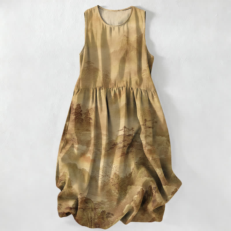 Buddha Stones Lässiges, sommerliches, ärmelloses Midikleid mit Taschen und Tintenmuster im Landschaftsstil für Damen - BurlyWood - US16, UK/AU20, EU48 (3XL) - image 4