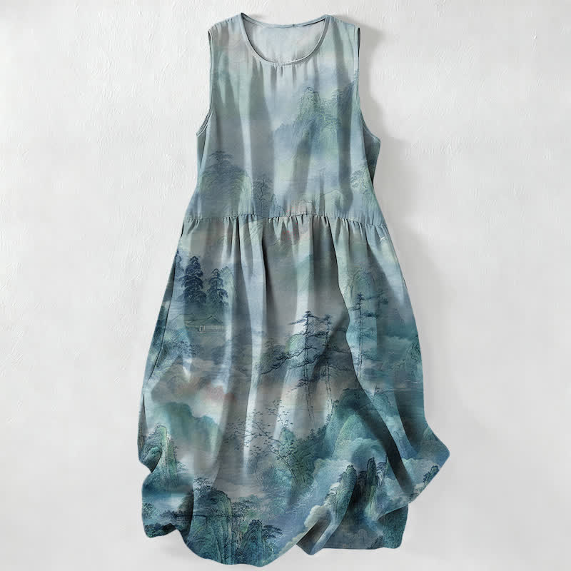 Buddha Stones Lässiges, sommerliches, ärmelloses Midikleid mit Taschen und Tintenmuster im Landschaftsstil für Damen - Türkis - US16, UK/AU20, EU48 (3XL) - image 5