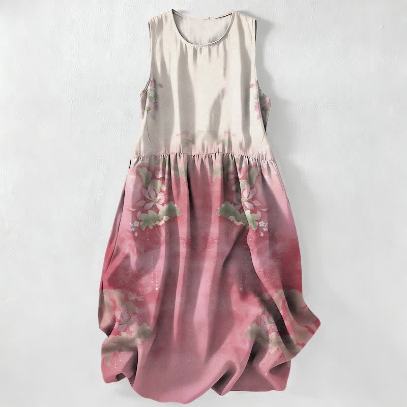 Buddha Stones Lässiges, sommerliches, ärmelloses Midikleid für Damen mit floralem Farbverlauf und Taschen - Hellrosa - US16, UK/AU20, EU48 (3XL) - image 0