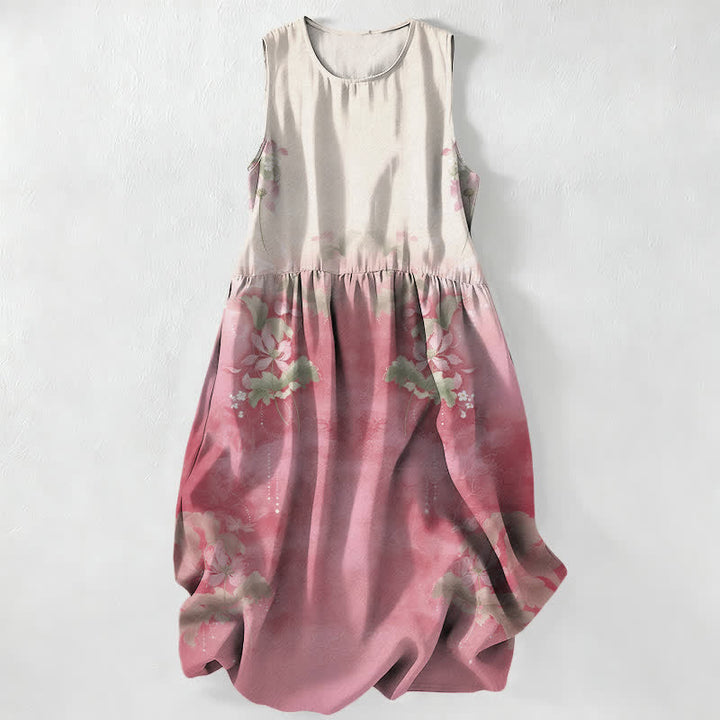 Buddha Stones Lässiges, sommerliches, ärmelloses Midikleid für Damen mit floralem Farbverlauf und Taschen - Hellrosa - US16, UK/AU20, EU48 (3XL) - image 0