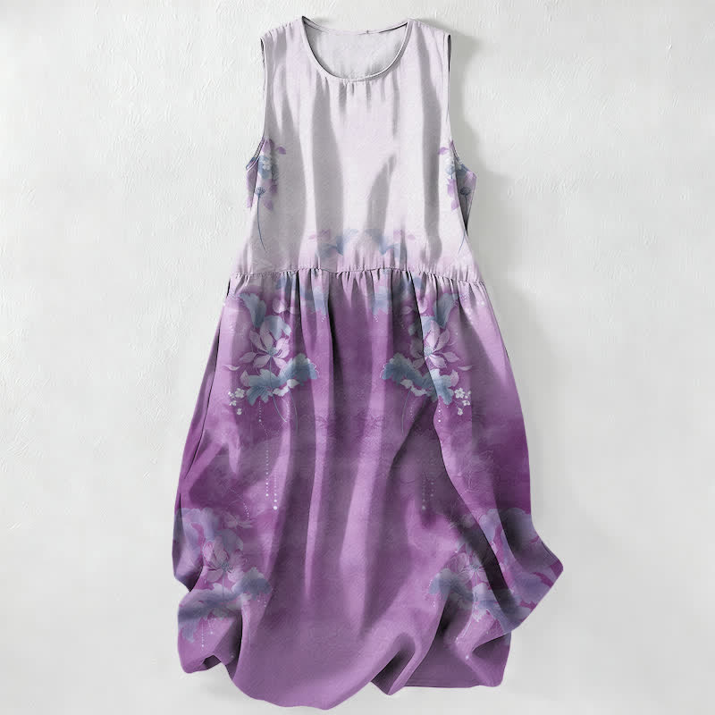 Buddha Stones Lässiges, sommerliches, ärmelloses Midikleid für Damen mit floralem Farbverlauf und Taschen - Lavendel - US16, UK/AU20, EU48 (3XL) - image 4
