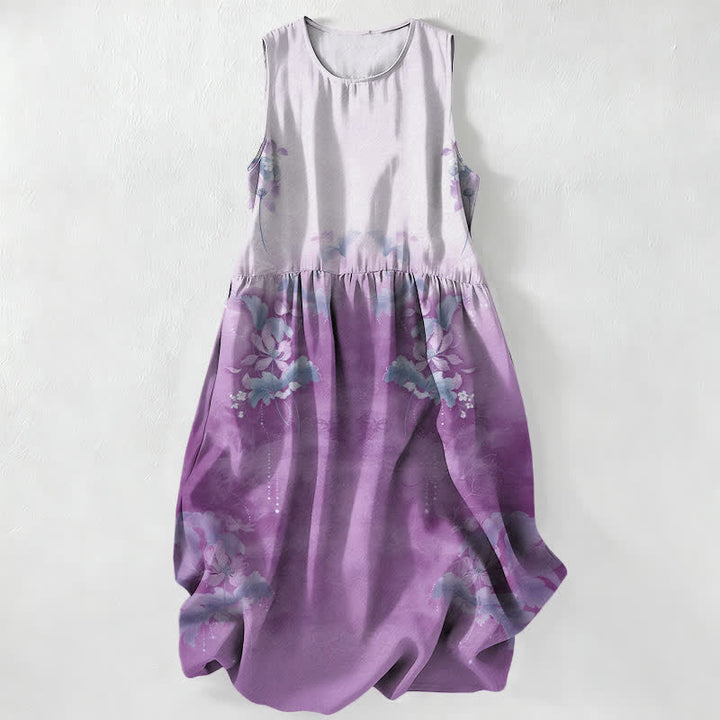 Buddha Stones Lässiges, sommerliches, ärmelloses Midikleid für Damen mit floralem Farbverlauf und Taschen - Lavendel - US16, UK/AU20, EU48 (3XL) - image 4